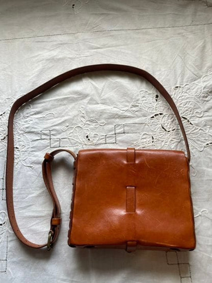 Henry Cuir Shoulder Bag Brown Bicycle Embroidery Leather Vintage Used w/ Dust Ba