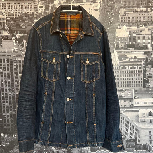 Nudie Jeans Co Indigo Denim Jacket with Check Lining Size M