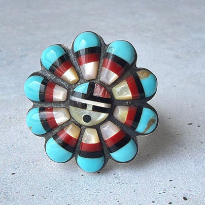 Zuni Sun God Sun Face Inlay Ring, US Size 8.5-9