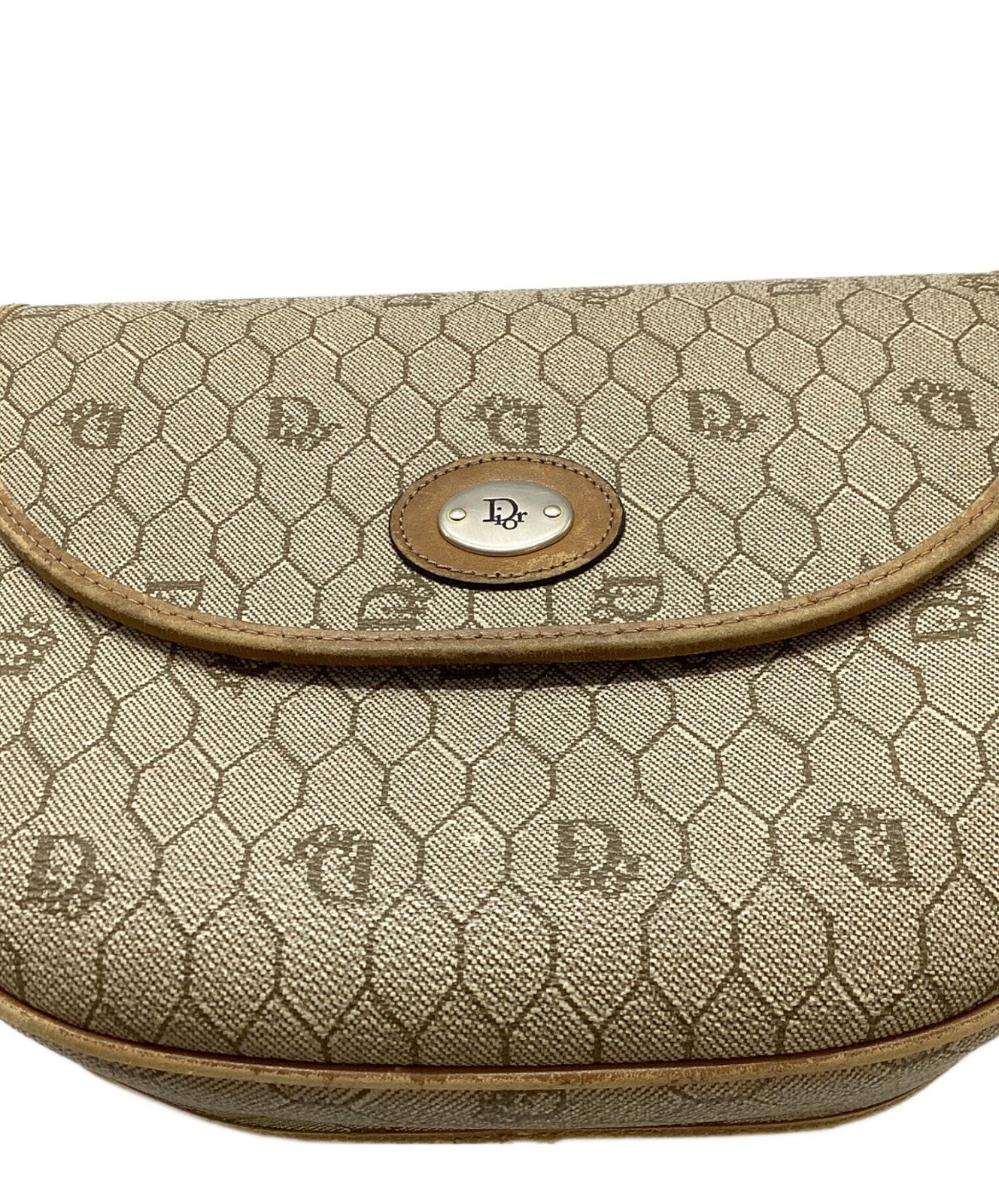 Dior Honeycomb Shoulder Crossbody Bag Beige Canvas Leather Vintage Auth 115534