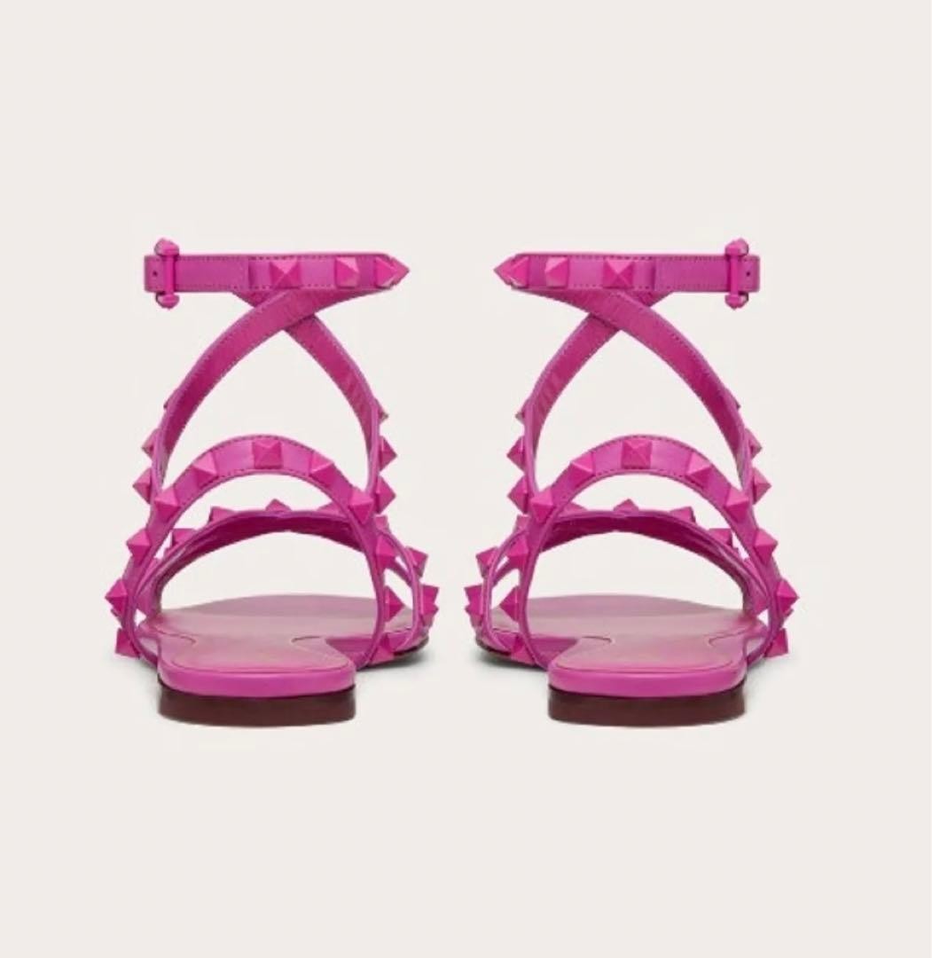 VALENTINO Rockstud Flair Nappa Leather Flat Sandals Pink Used Studded Strap