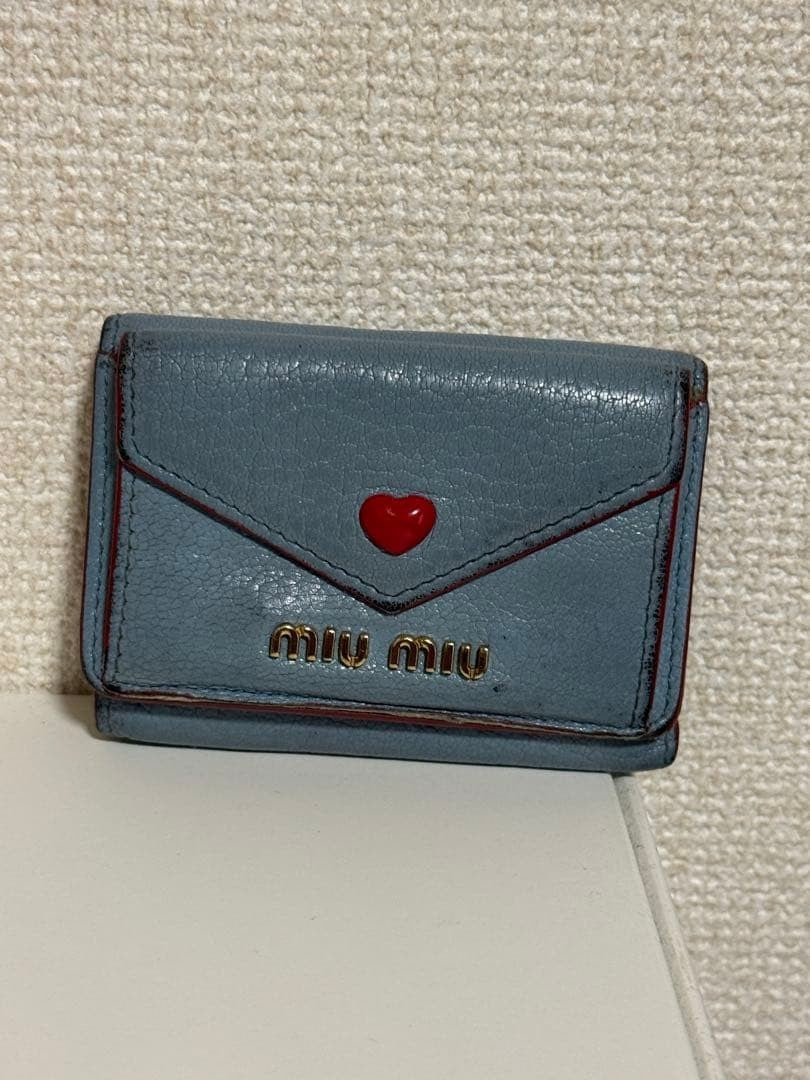 Miu Miu Madras Love Heart Trifold Wallet Purse Light Blue Leather Ladies Italy