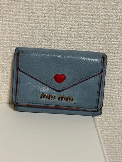 Miu Miu Madras Love Heart Trifold Wallet Purse Light Blue Leather Ladies Italy