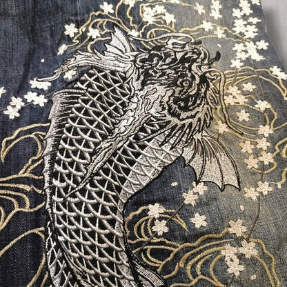 Karakuri Tamashii Dragon Koi Sakura Embroidery Denim Jeans W42 Rare