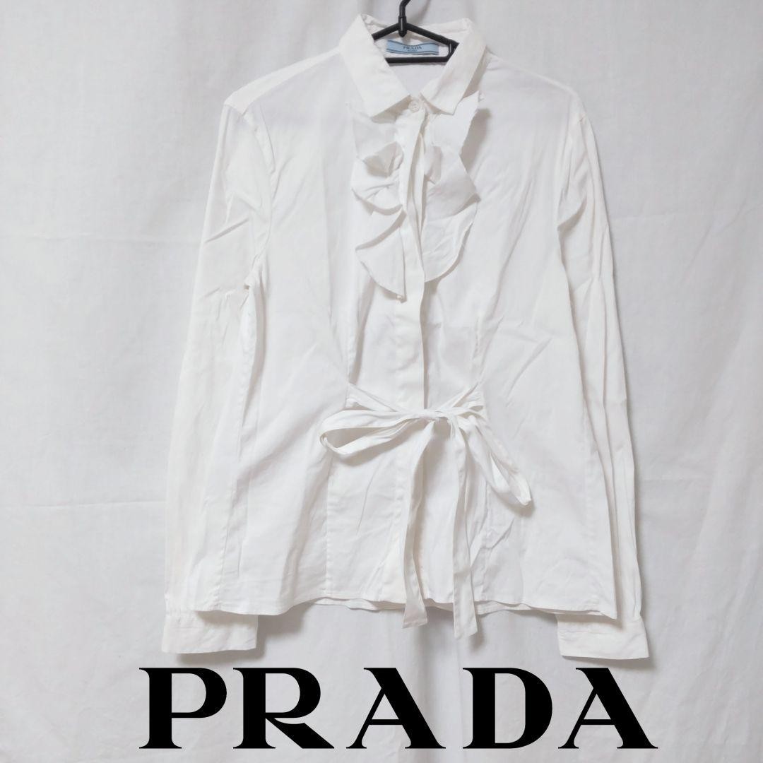 USED PRADA LONG-SLEEVED FRILL BLOUSE WITH BACK RIBBON GOOD