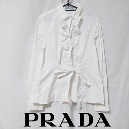 USED PRADA LONG-SLEEVED FRILL BLOUSE WITH BACK RIBBON GOOD
