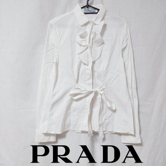 USED PRADA LONG-SLEEVED FRILL BLOUSE WITH BACK RIBBON GOOD