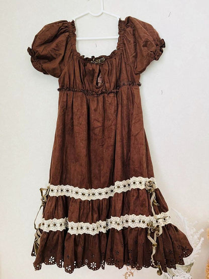 LIZ LISA Brown Embroidery Short Sleeve Scallop Dress