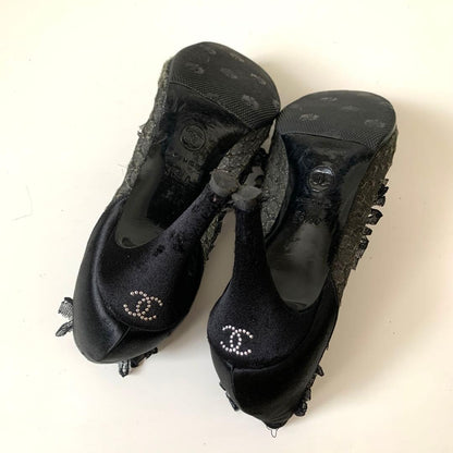 CHANEL Coco Mark Satin Lace Mesh Pumps US6 Made in Italy From Japan y7843