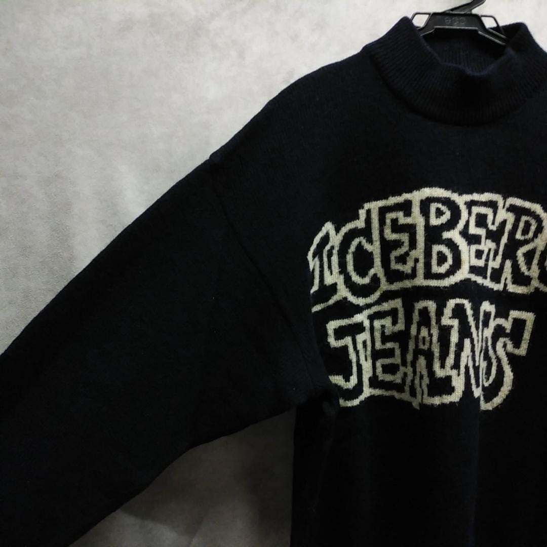 ICEBERG JEANS Vintage Men's Black Logo Wool Sweater Knit Rare Used