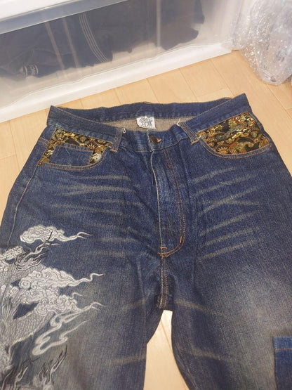 Kacho Fugetsu Men's Denim Jeans Pants Dragon Ryu Embroidered Blue Size 34