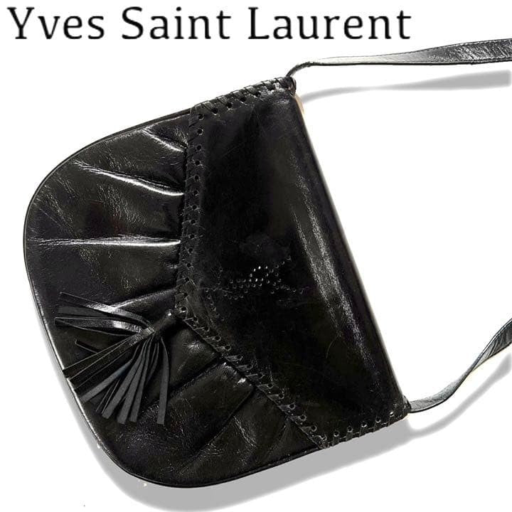 Yves Saint Laurent YSL Shoulder Bag Black Leather Tassel Fringe 26.5x22x11cm