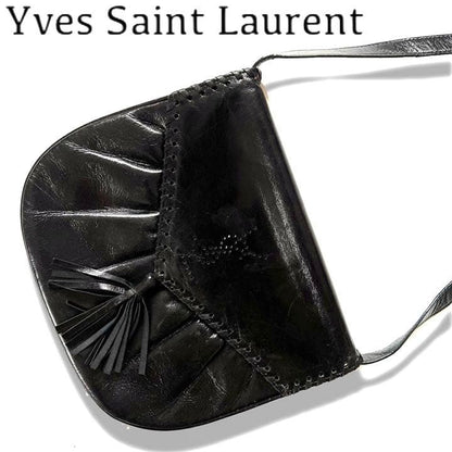 Yves Saint Laurent YSL Shoulder Bag Black Leather Tassel Fringe 26.5x22x11cm