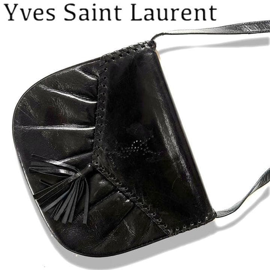 Yves Saint Laurent YSL Shoulder Bag Black Leather Tassel Fringe 26.5x22x11cm