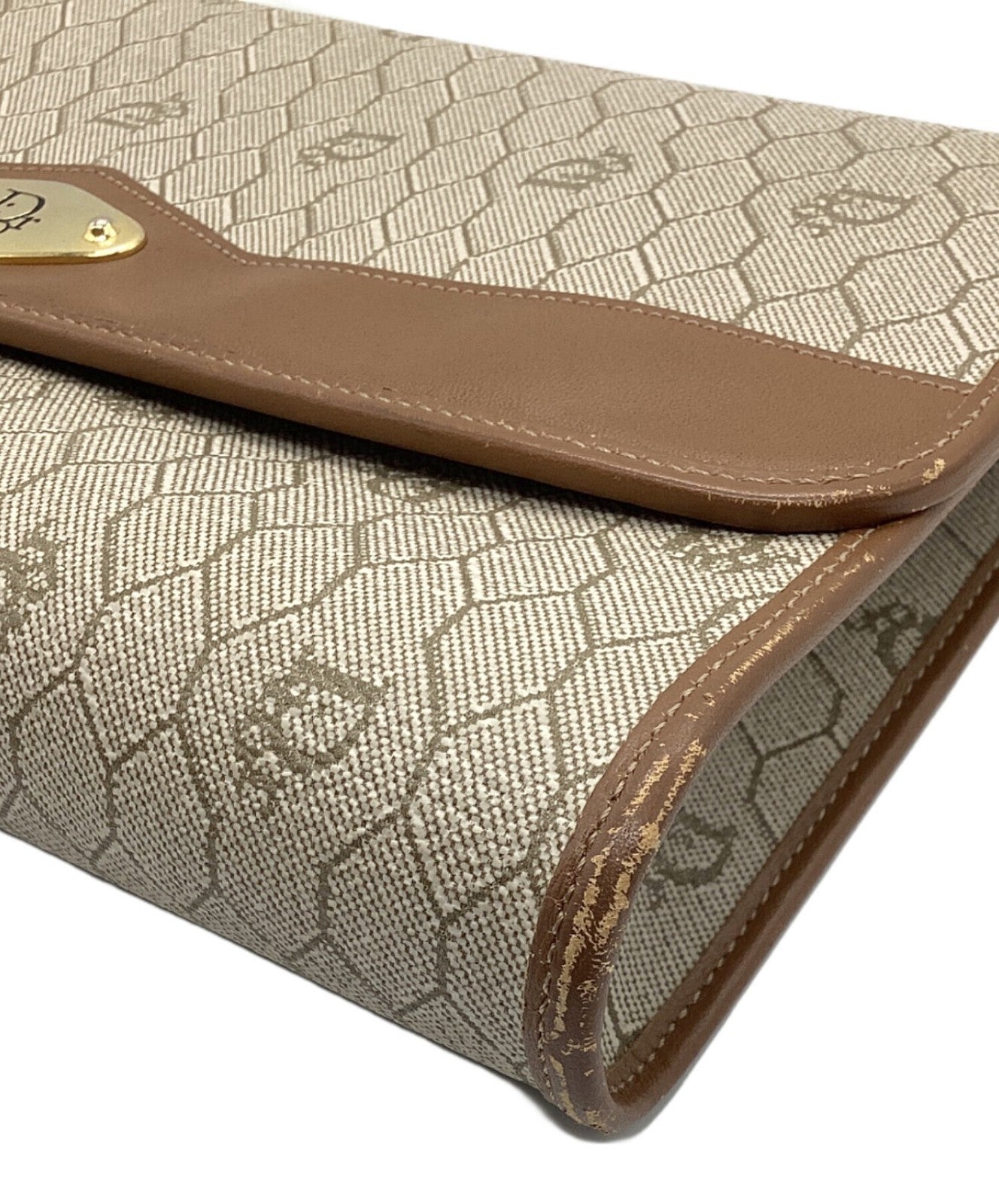 Dior Honeycomb Chain Shoulder Crossbody Bag Beige Canvas Leather Vintage Auth