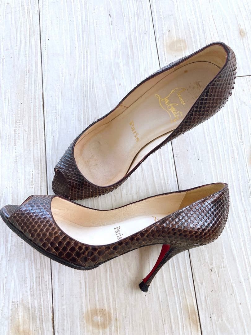 Christian Louboutin Open Toe Python Pumps Size 35 (US 5) Brown Designer Heels