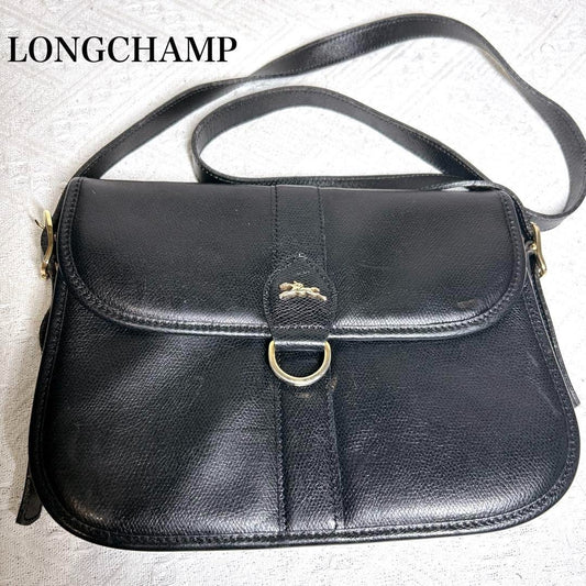Longchamp Leather Shoulder Bag Vintage Black Flap Crossbody Pochette Rare Japan