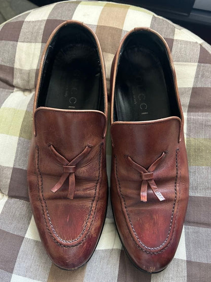 GUCCI Mens Brown Leather Tassel Loafers Size 11 Classic Slip On Shoes Authentic