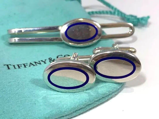 Tiffany & Co. Authentic Cufflinks Tie Pin Silver925 Blue Oval Men's With Box Bag