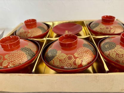 Japanese Lacquered Bowls & Sake Cup Set - Chrysanthemum Design, Red & Black