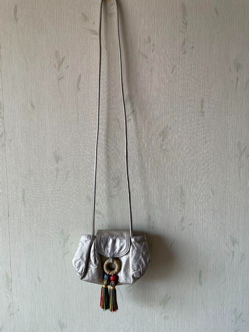 LOEWE Fringe Shoulder Bag Leather Silver tone Auth 99979