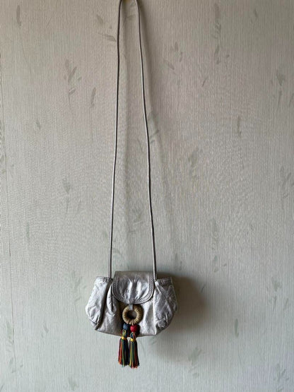 LOEWE Fringe Shoulder Bag Leather Silver tone Auth 99979
