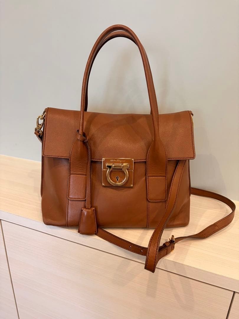 Salvatore Ferragamo Gancini Leather 2Way Handbag Shoulder Bag Brown Pre-owned