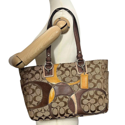 Coach Brown Signature Canvas Leather Patchwork Tote Bag with Silver Hardware