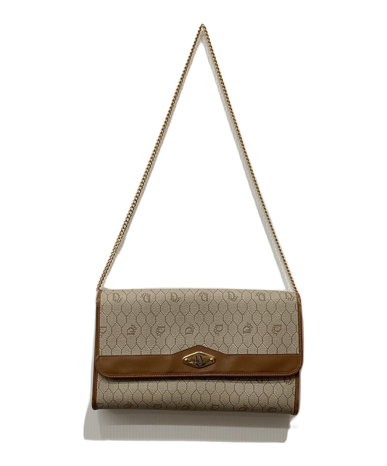 Dior Honeycomb Chain Shoulder Crossbody Bag Beige Canvas Leather Vintage Auth