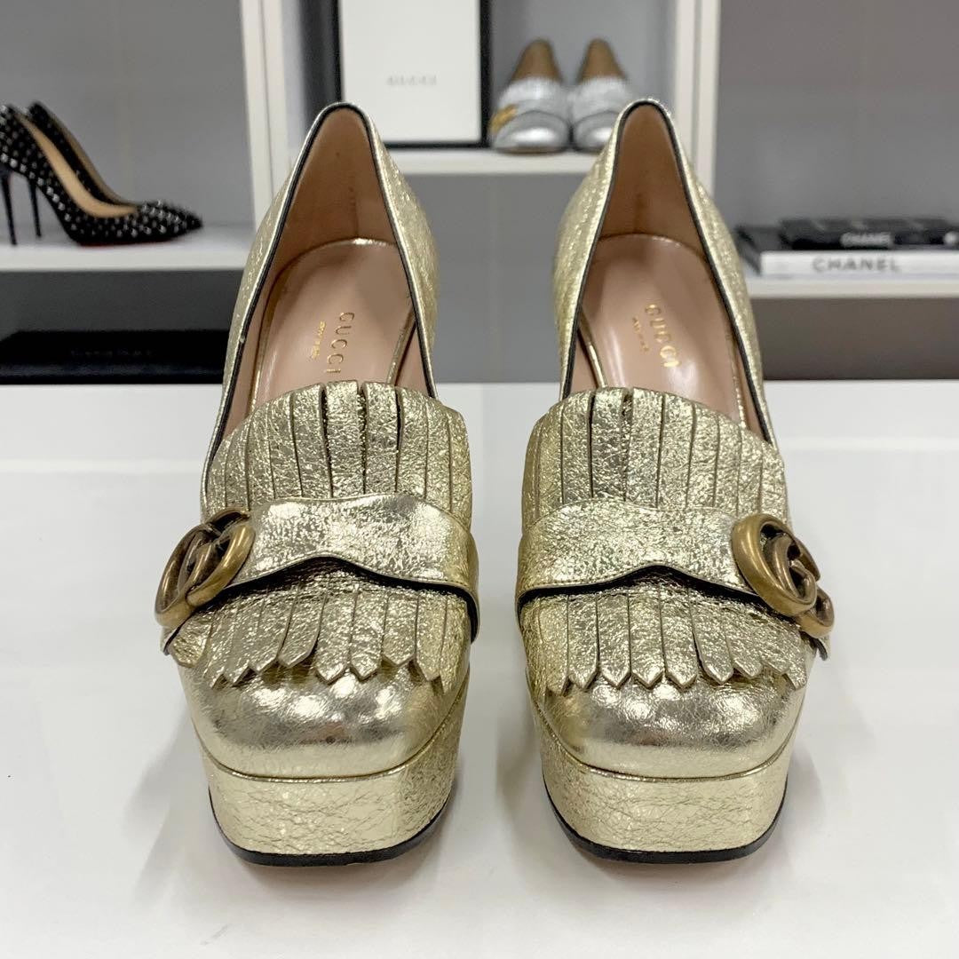 Gucci Double G Leather Fringe Pumps Gold Size 36.5