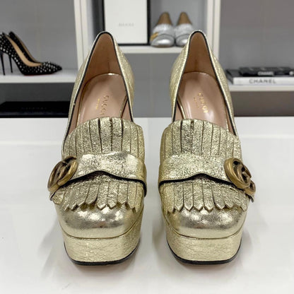 Gucci Double G Leather Fringe Pumps Gold Size 36.5