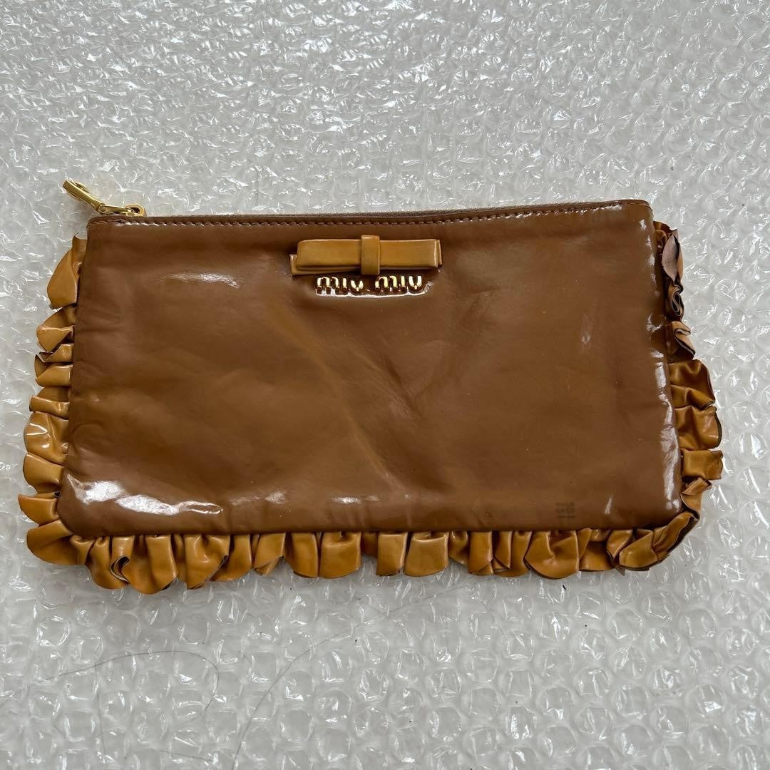 MIU MIU Enamel Brown Pouch Frill Gold zip No accessories