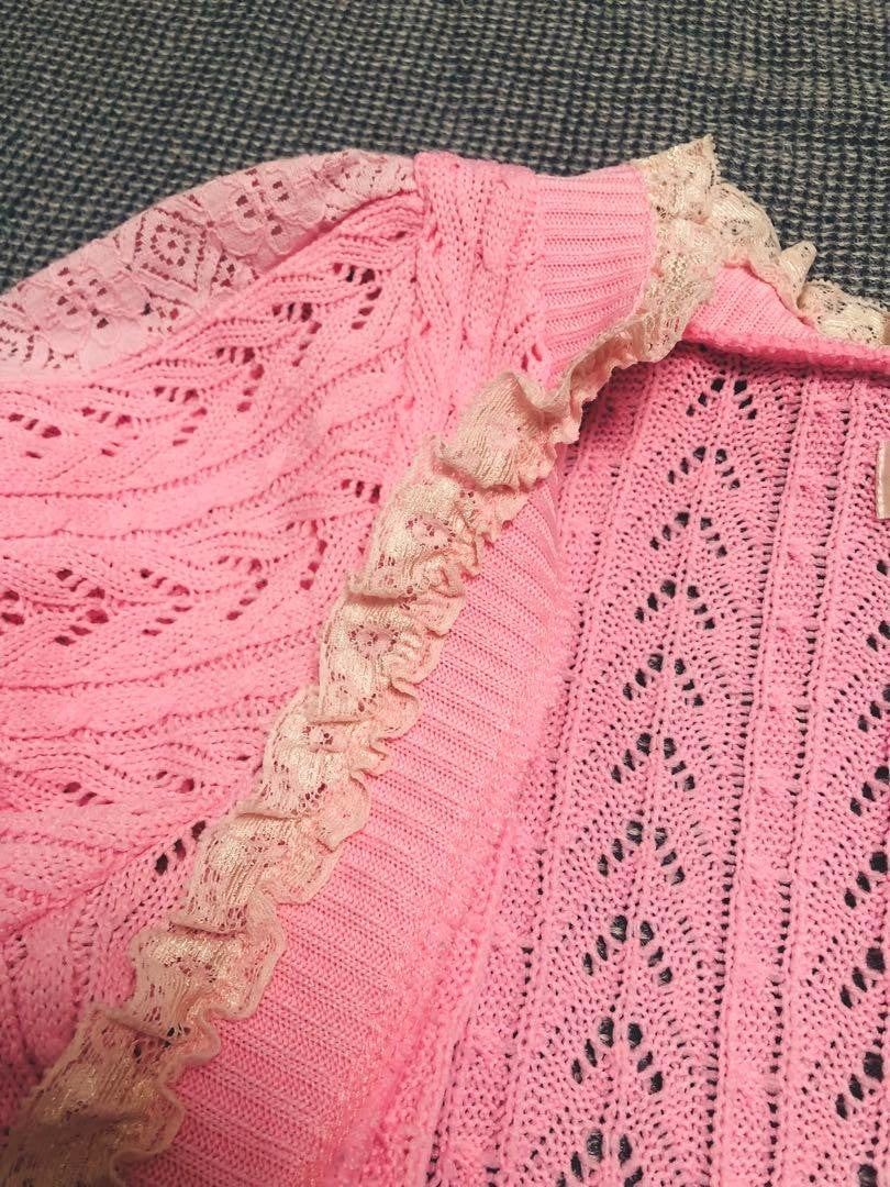 Tralala Woman M Vhtf Liz Lisa Pink Knit Bolero Lace Cardigan Short Sleeve Stylis