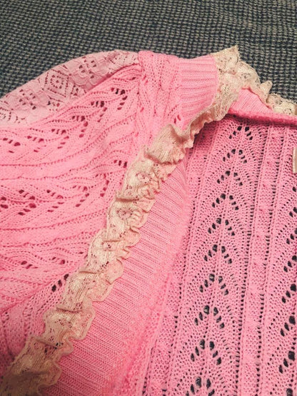 Tralala Woman M Vhtf Liz Lisa Pink Knit Bolero Lace Cardigan Short Sleeve Stylis