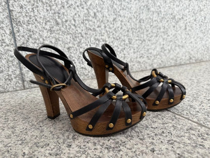 DOLCE & GABBANA Wood Sole Gold Studded Sandals Black Leather Women Size 35