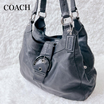 COACH Soho Hobo Tote Bag Black Leather Shoulder Buckle Silver Auth