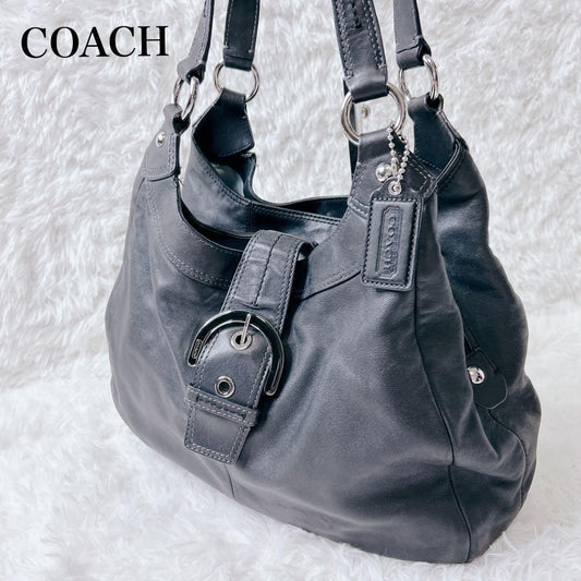 COACH Soho Hobo Tote Bag Black Leather Shoulder Buckle Silver Auth