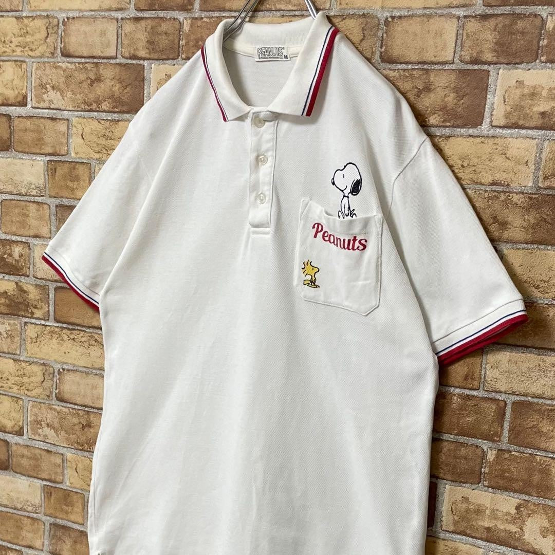 Peanuts Snoopy Polo Shirt White Tricolor M Used Casual Short Sleeve