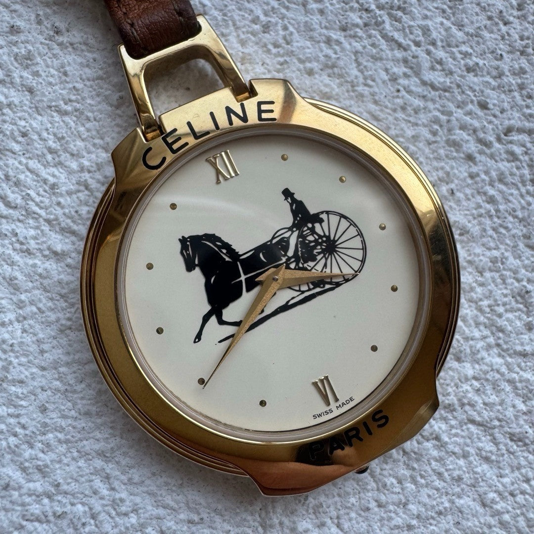 Ultra Rare CELINE Horse Carriage Gold Quartz Pocket Watch Vintage Authentic