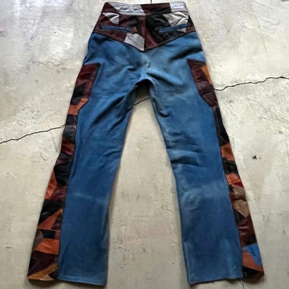 60S-70S Aura Vintage Patchwork Leather Bell Bottom/Jeans Denim Boot Cut East Wai
