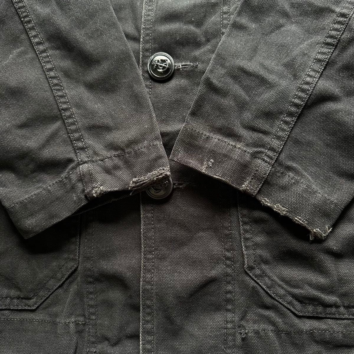 US NAVY Denim Jacket Black L Vintage Processed Canvas Shawl Collar JAPAN