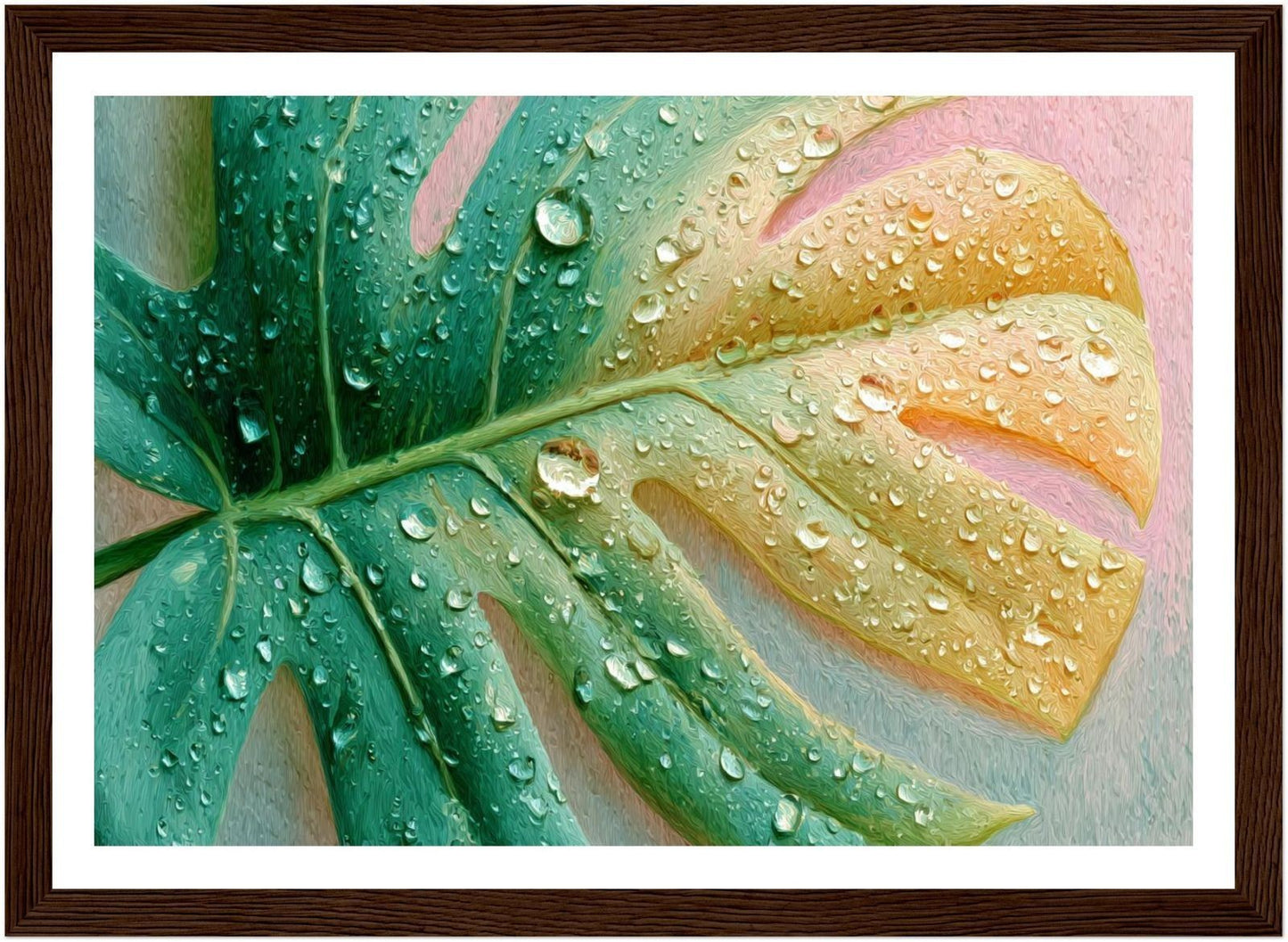 Droplets and Monstera Hawaiian art, wall hanging interior, limited edition.
