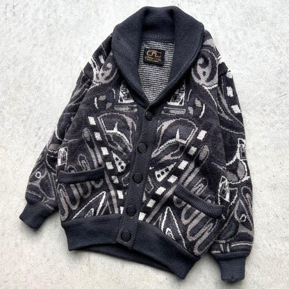 VINTAGE LONGHOUSE Thick Knit Cardigan Sweater Black L