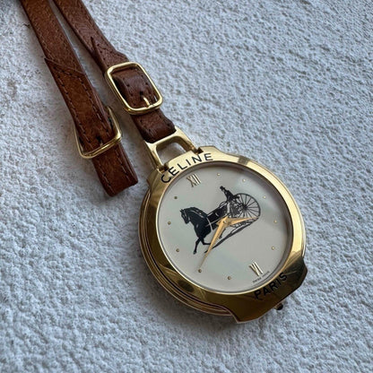 Ultra Rare CELINE Horse Carriage Gold Quartz Pocket Watch Vintage Authentic