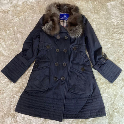 Burberry Blue Label Flare Trench Coat Nova Check Fox Fur Trim Size 38 #EK BBA