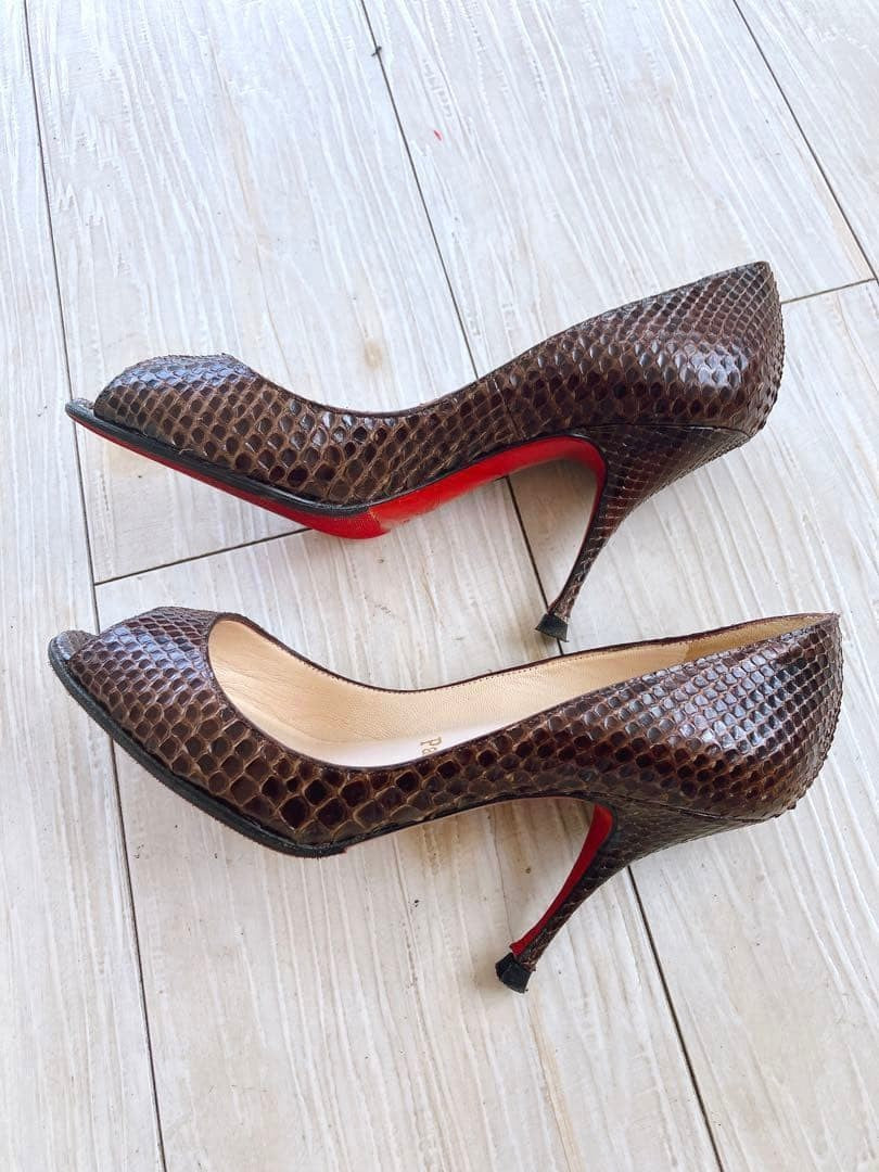 Christian Louboutin Open Toe Python Pumps Size 35 (US 5) Brown Designer Heels
