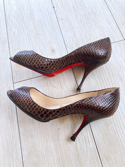 Christian Louboutin Open Toe Python Pumps Size 35 (US 5) Brown Designer Heels