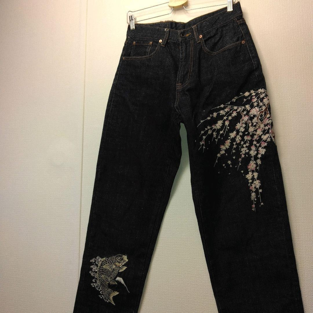 Hanatabi Gakudan Men's Denim Jeans Pants Koi Sakura Embroidered Blue 30