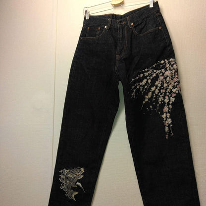 Hanatabi Gakudan Men's Denim Jeans Pants Koi Sakura Embroidered Blue 30