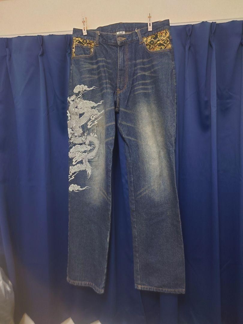 Kacho Fugetsu Men's Denim Jeans Pants Dragon Ryu Embroidered Blue Size 34